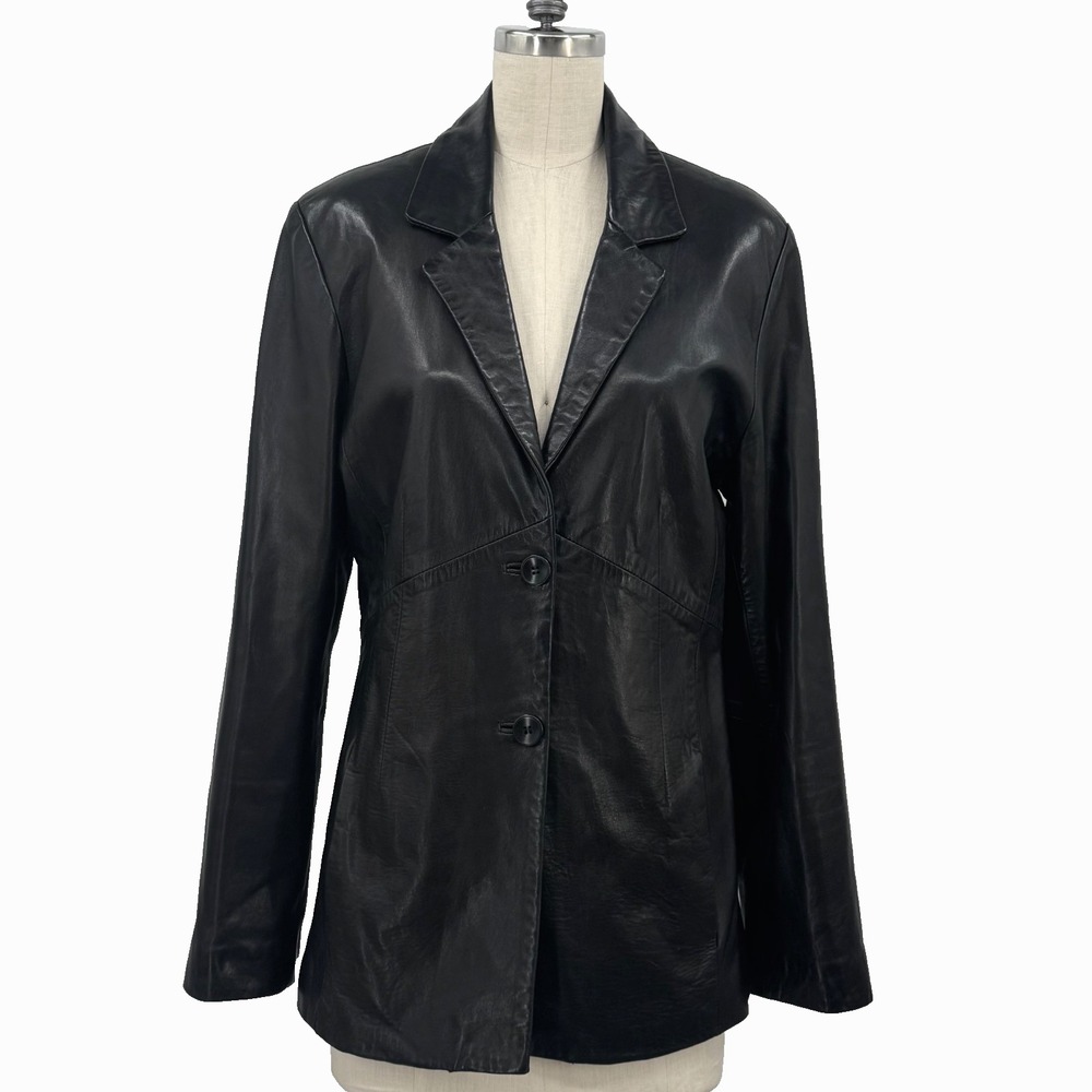 Vintage Vakko Sport Black Leather Blazer Jacket Women L 90s Y2K Tailored Turkey